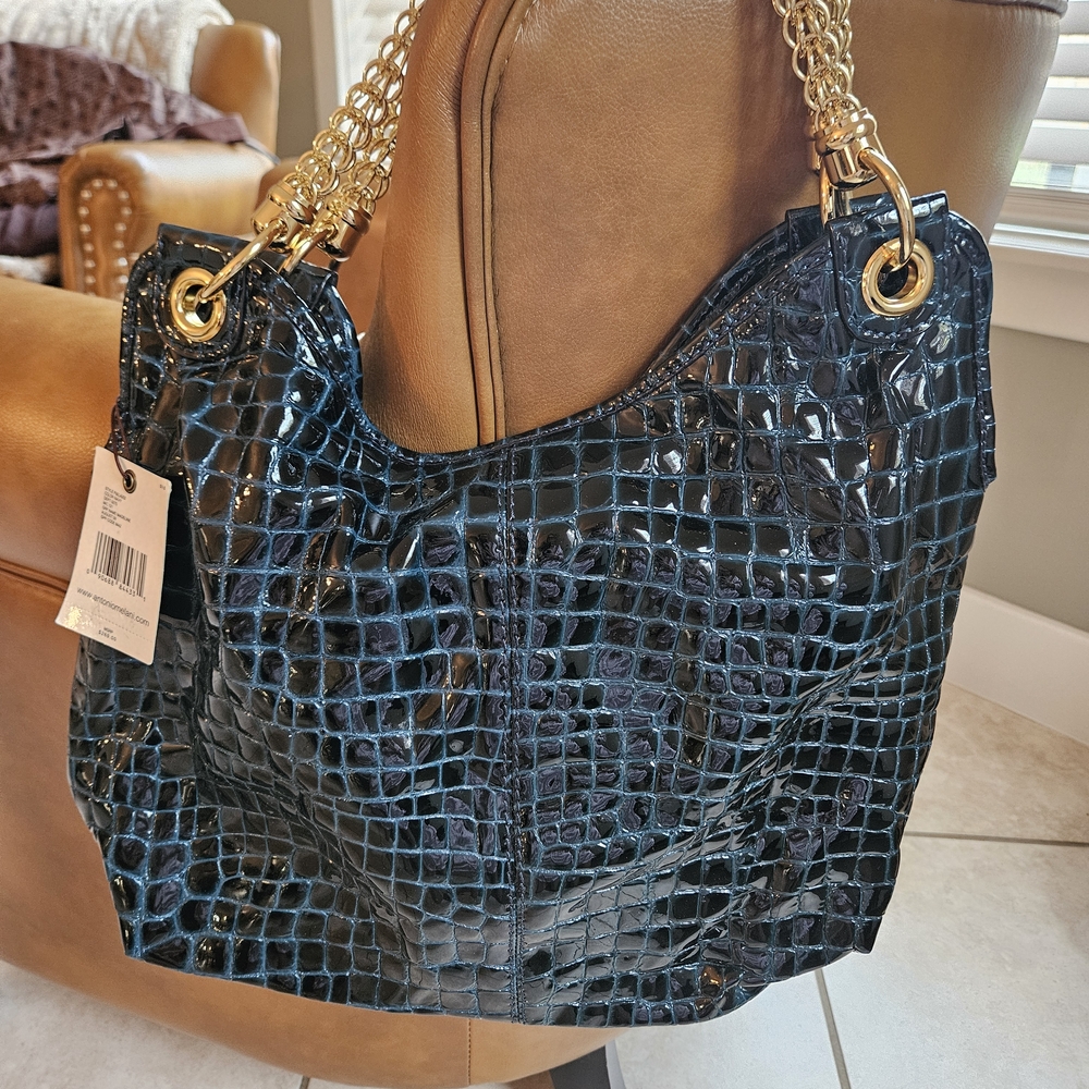 ANTONIO MELANI Blue/black Croc-Embossed Shoulder Bag